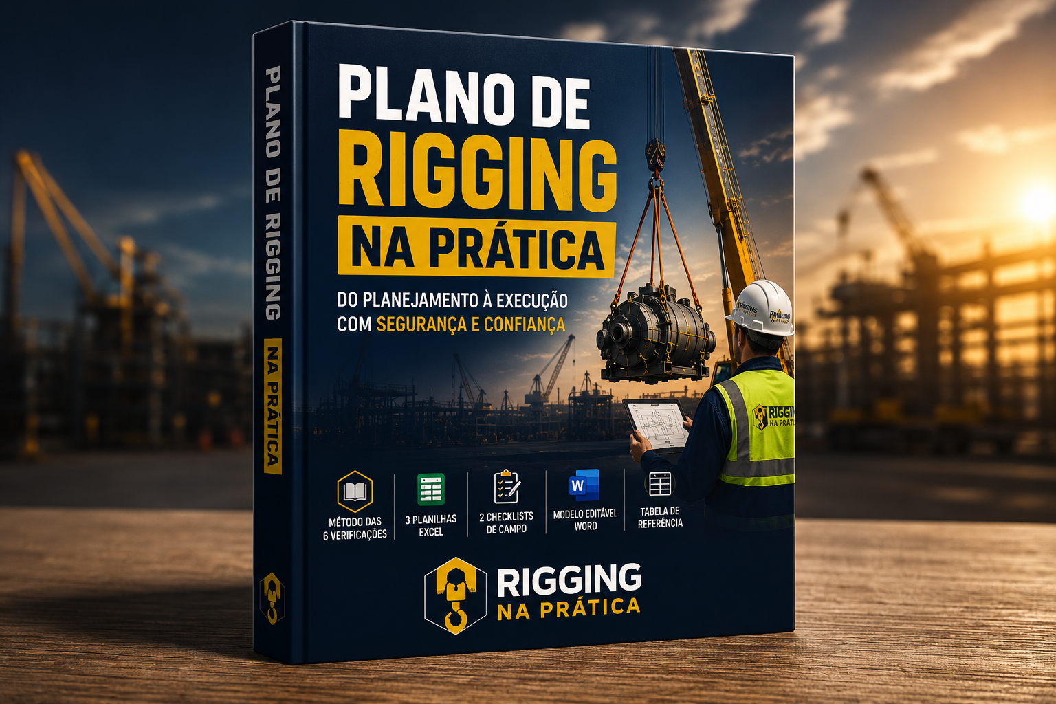 Mockup em perspectiva 3D do eBook Plano de Rigging na Prática, com capa azul-marinho, título amarelo e cena de içamento.